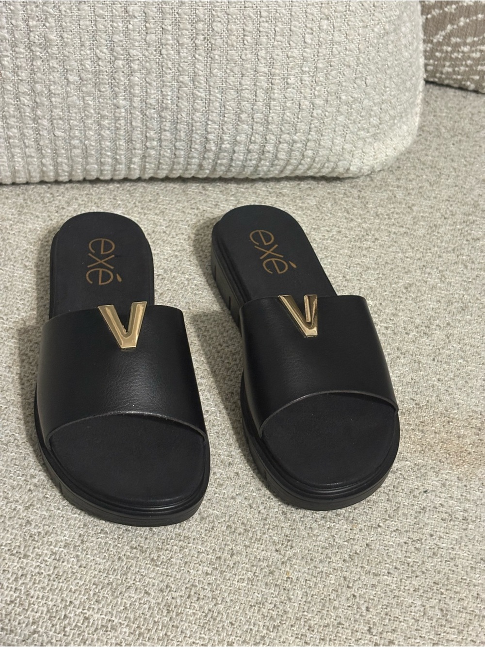 Exé Black Slide Sandals with Gold Accent Women Size 8.5 EUR 39 NWOT
